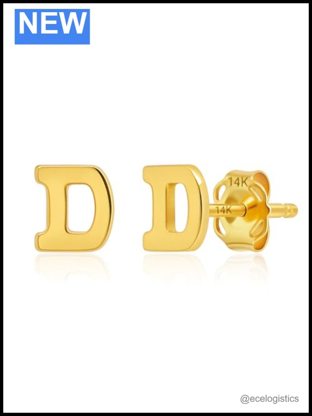 14K Solid Yellow Gold 5MM Initial Stud Earrings for Women